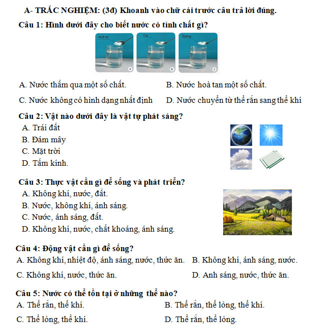 Đề thi Khoa học 4 cuối kì I